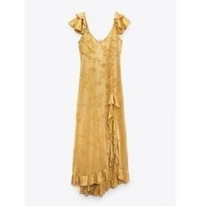 ZARA Jacquard Maxi Dress with Ruffles & Open Back 4866/454/ Gold Size Small